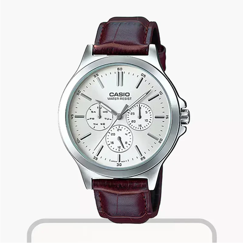 Casio Chronograph Silver Dial Brown Leather Men's Watch- MTP-V300L-7A